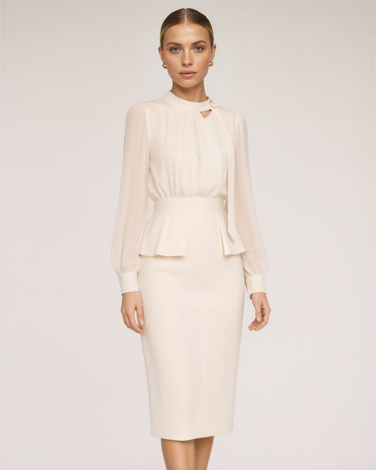 Beatrice şifon kollu peplum midi elbise, bej, üç çeyrek açıdan görünüm