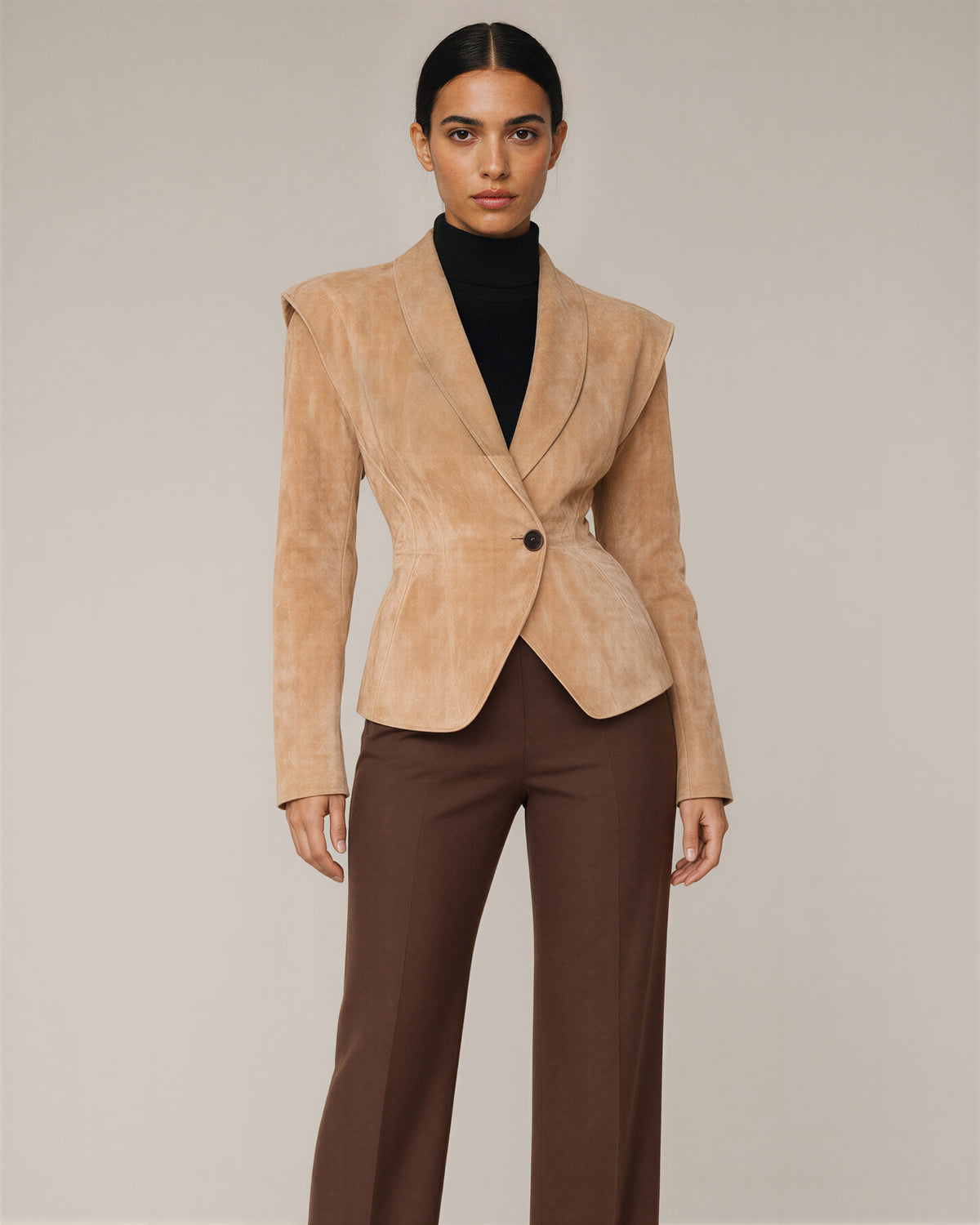 Cassia şal yaka vatkalı suni süet blazer, camel, önden görünüm