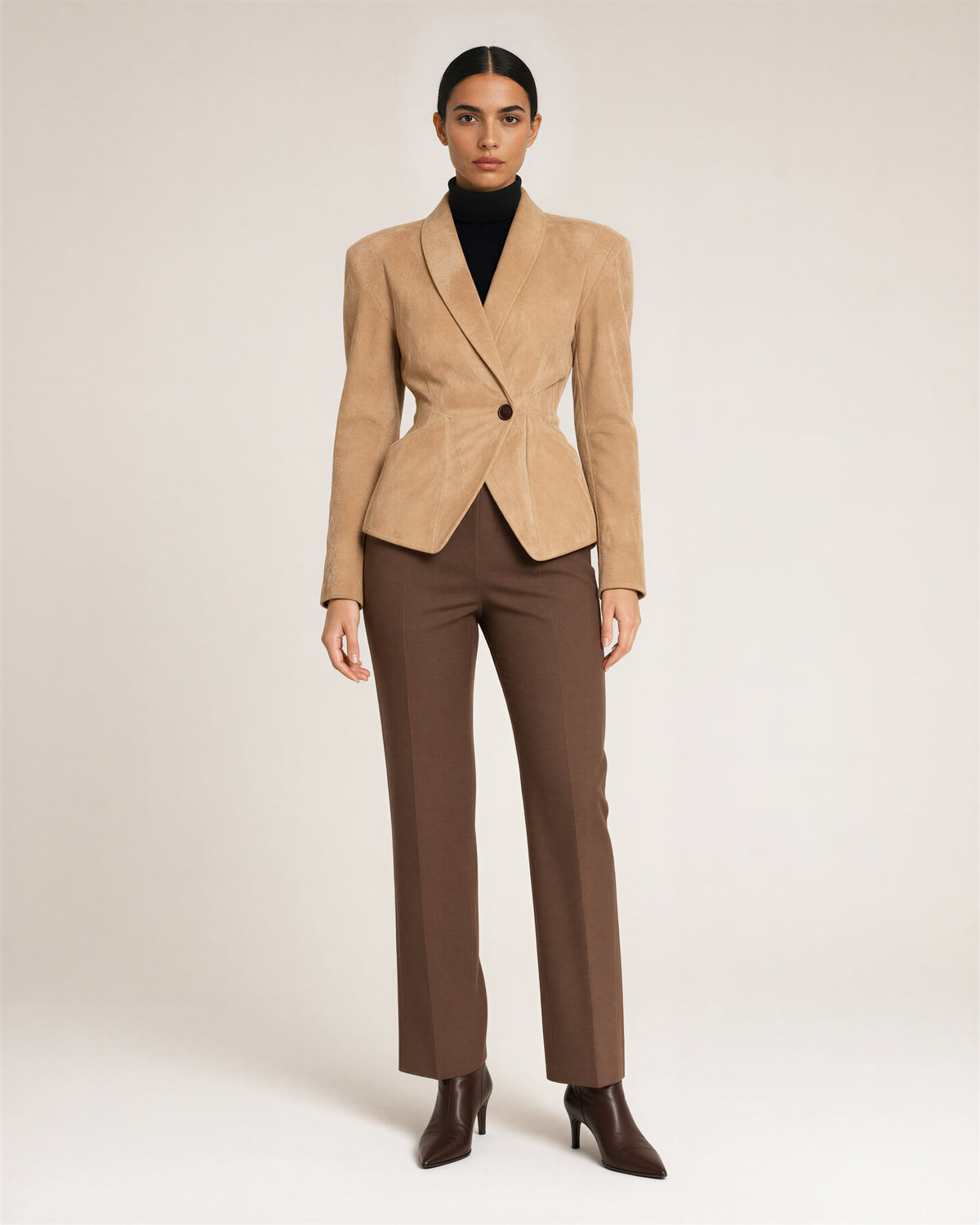 Cassia şal yaka vatkalı suni süet blazer, camel, önden boydan görünüm