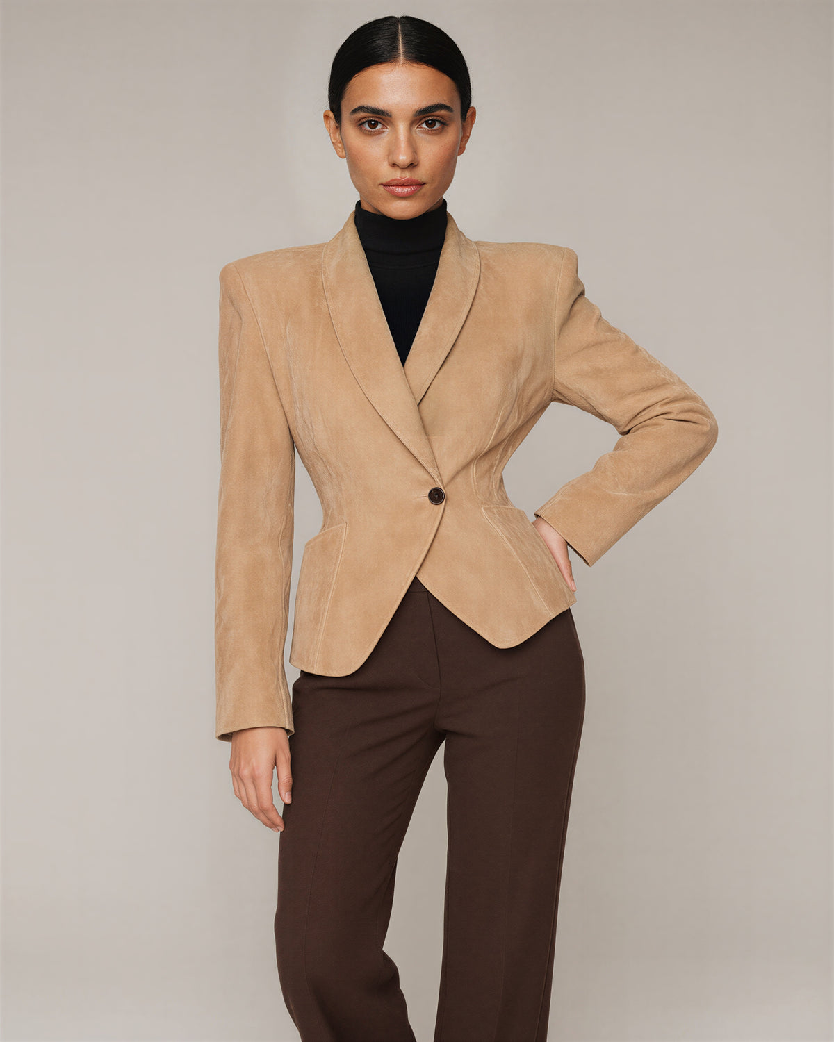 Cassia şal yaka vatkalı suni süet blazer, camel, önden, eller belde