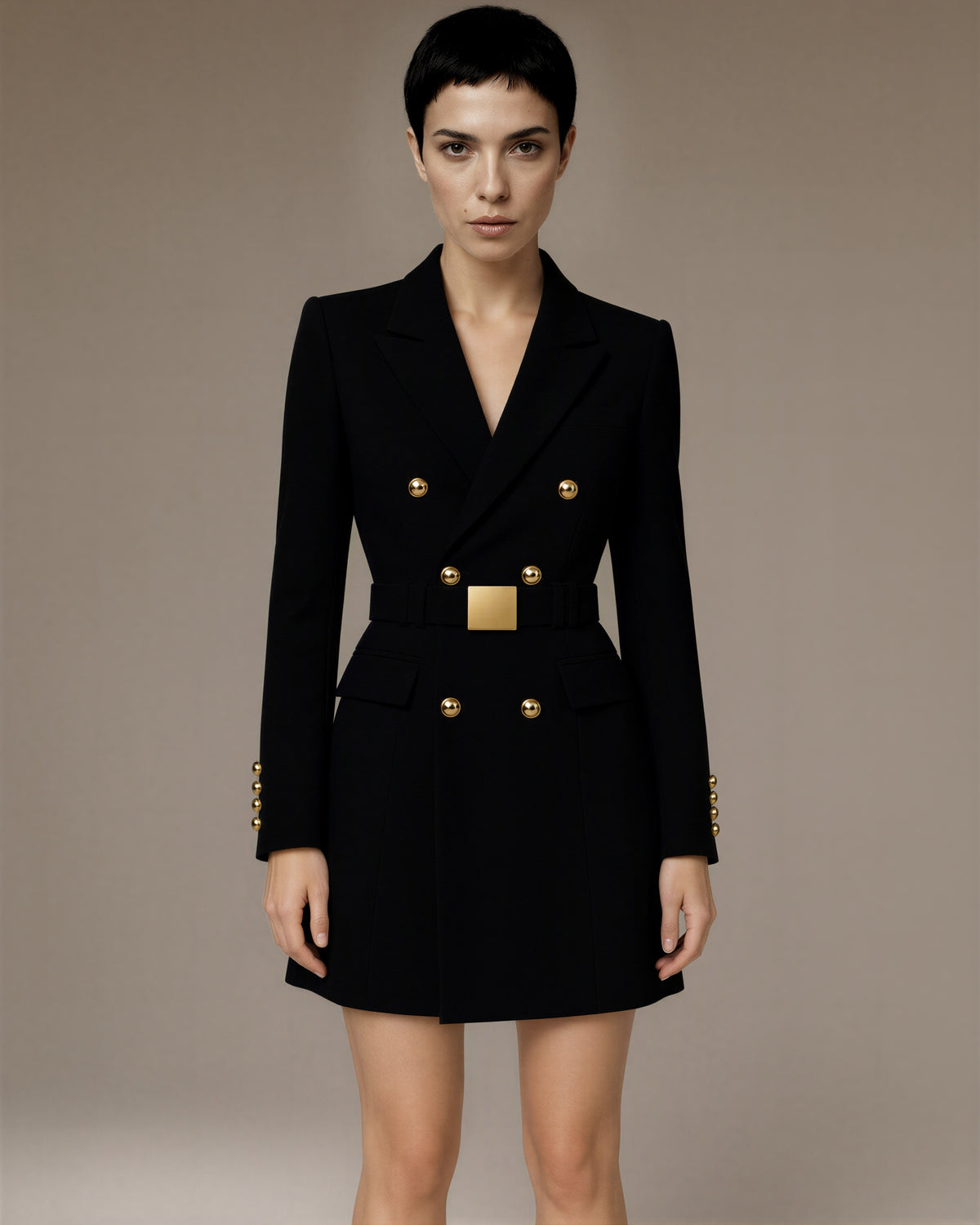 Costanza kemerli kruvaze mini blazer elbise, siyah renk seçeneği