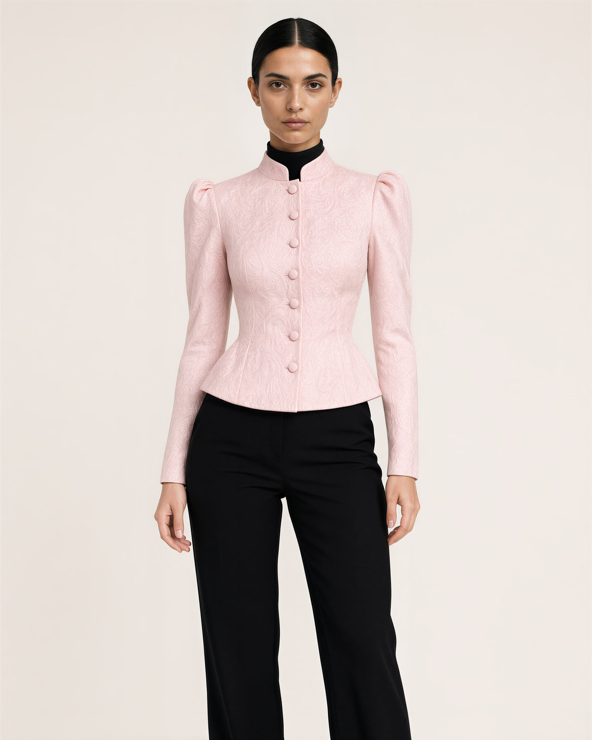 Letizia hakim yaka jakarlı peplum ceket, pudra pembe renk seçeneği