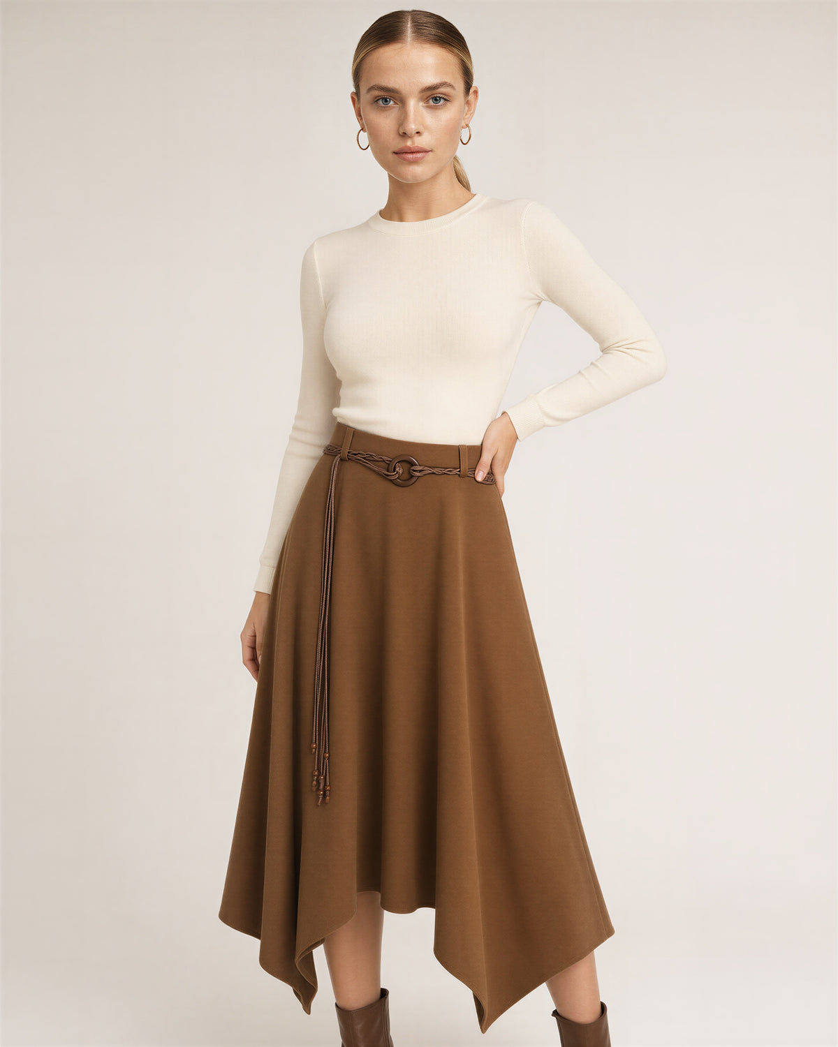 Marzia kordon kemerli suni süet mendil etek, camel, önden, eller belde