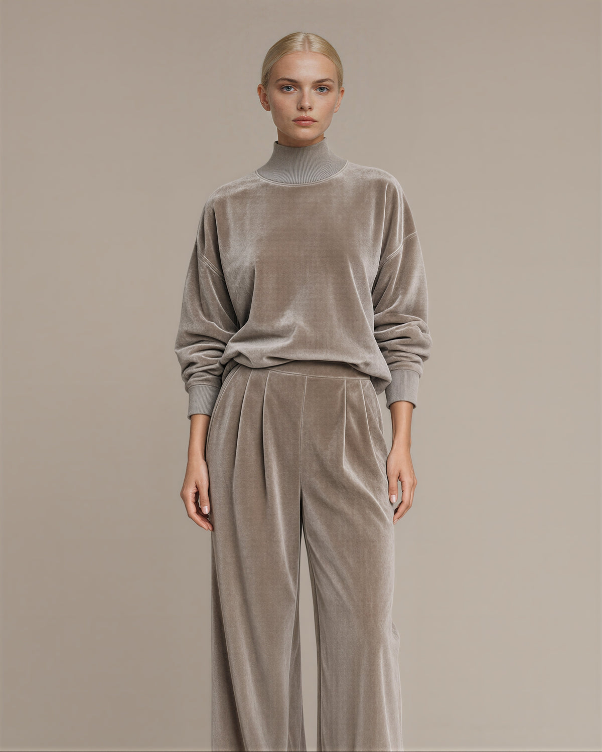 Maura kadife sweatshirt bol paça pantolon takımı, taş gri, önden görünüm