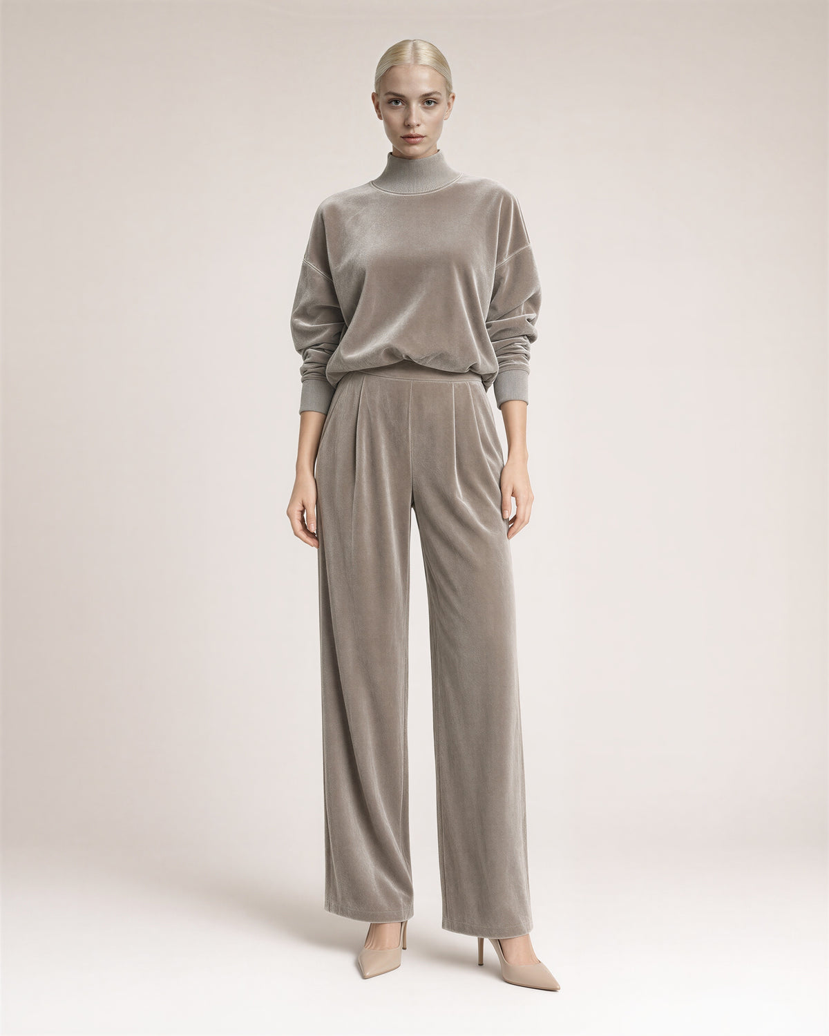 Maura kadife sweatshirt bol paça pantolon takımı, taş gri, önden boydan görünüm