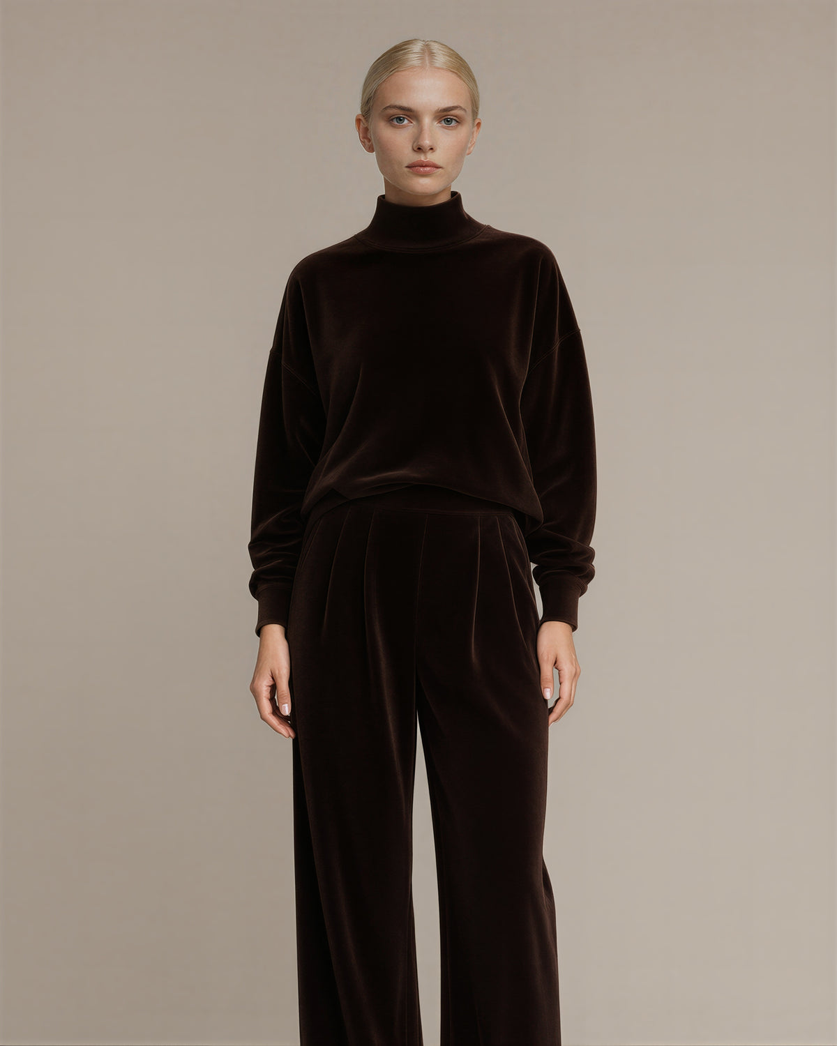 Maura kadife sweatshirt bol paça pantolon takımı, koyu kahve renk seçeneği