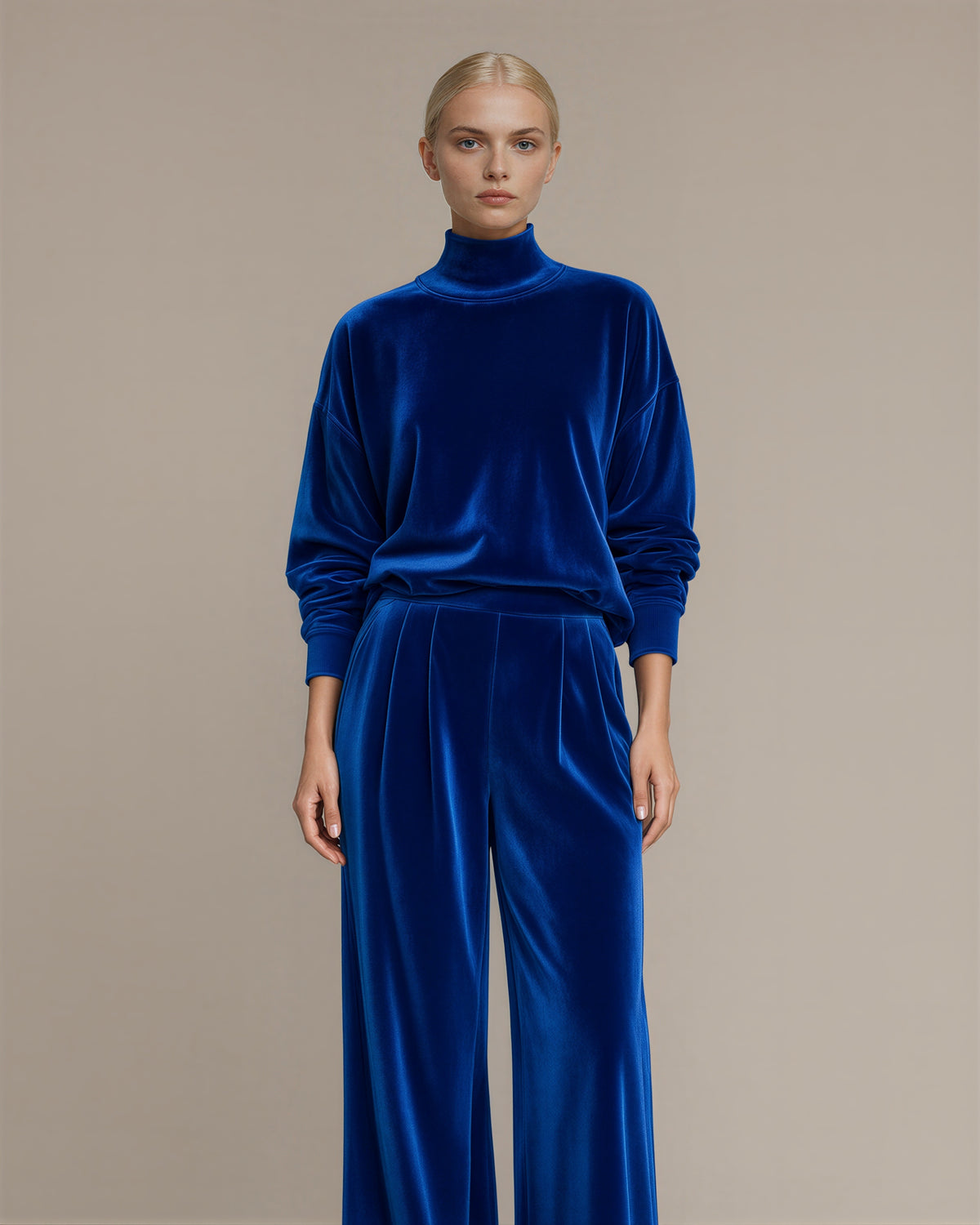 Maura kadife sweatshirt bol paça pantolon takımı, saks mavisi renk seçeneği