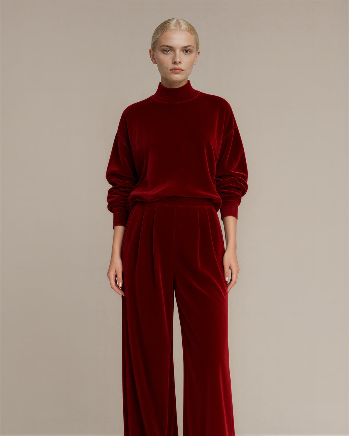 Maura kadife sweatshirt bol paça pantolon takımı, kırmızı renk seçeneği