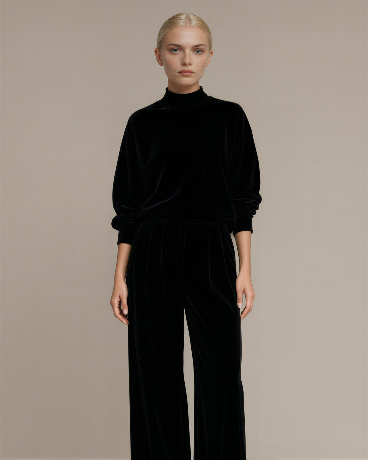Maura kadife sweatshirt bol paça pantolon takımı, siyah renk seçeneği