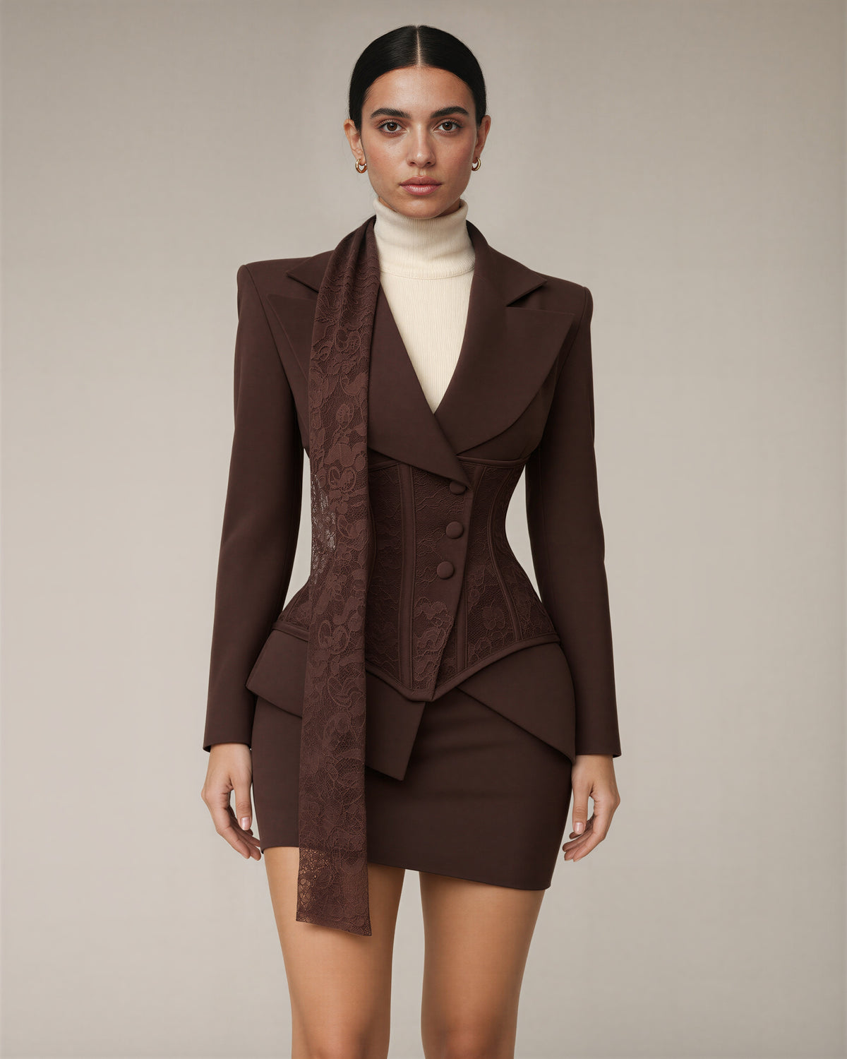 Ottavia dantel korseli blazer ve mini etek takımı, kahve, üç çeyrek açıdan görünüm