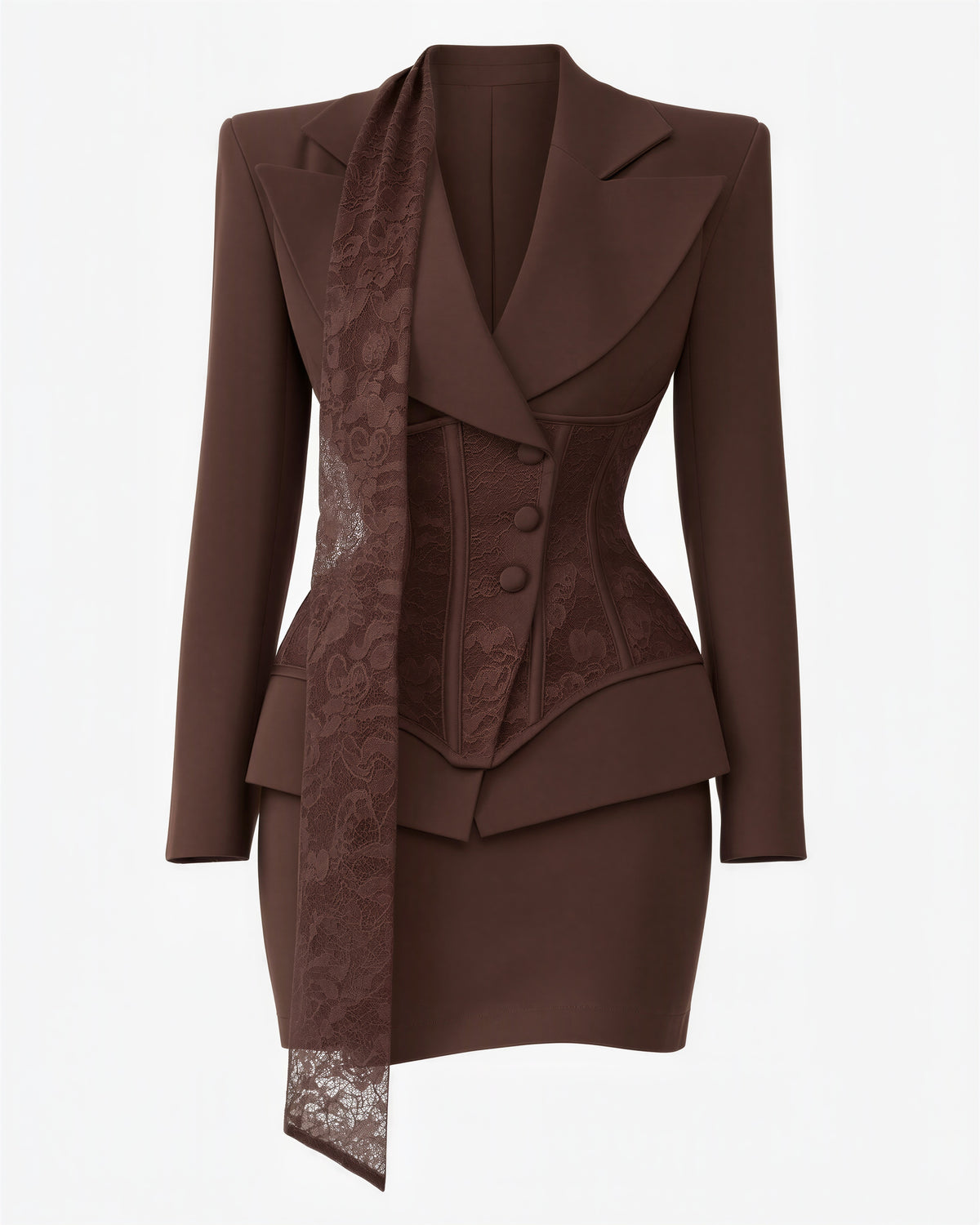 Ottavia dantel korseli blazer ve mini etek takımı, kahve, mankensiz ürün görünümü