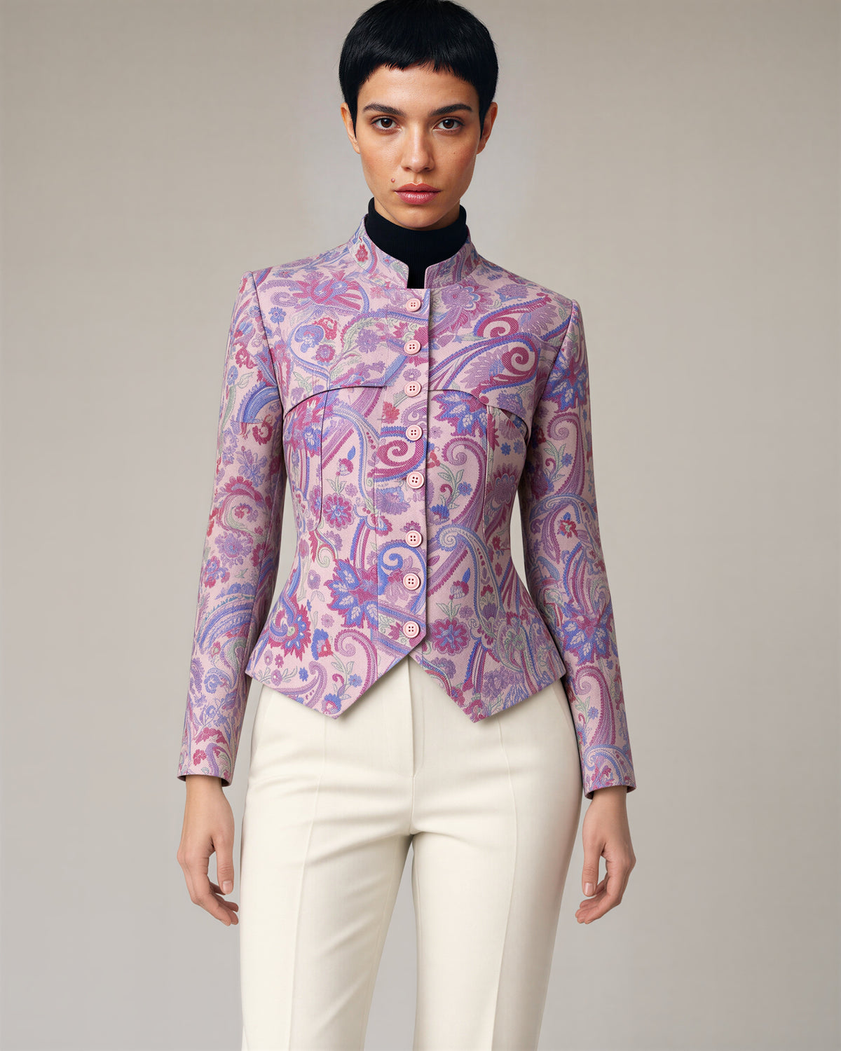 Rosetta şal desenli hakim yaka blazer, pudra pembe, önden görünüm