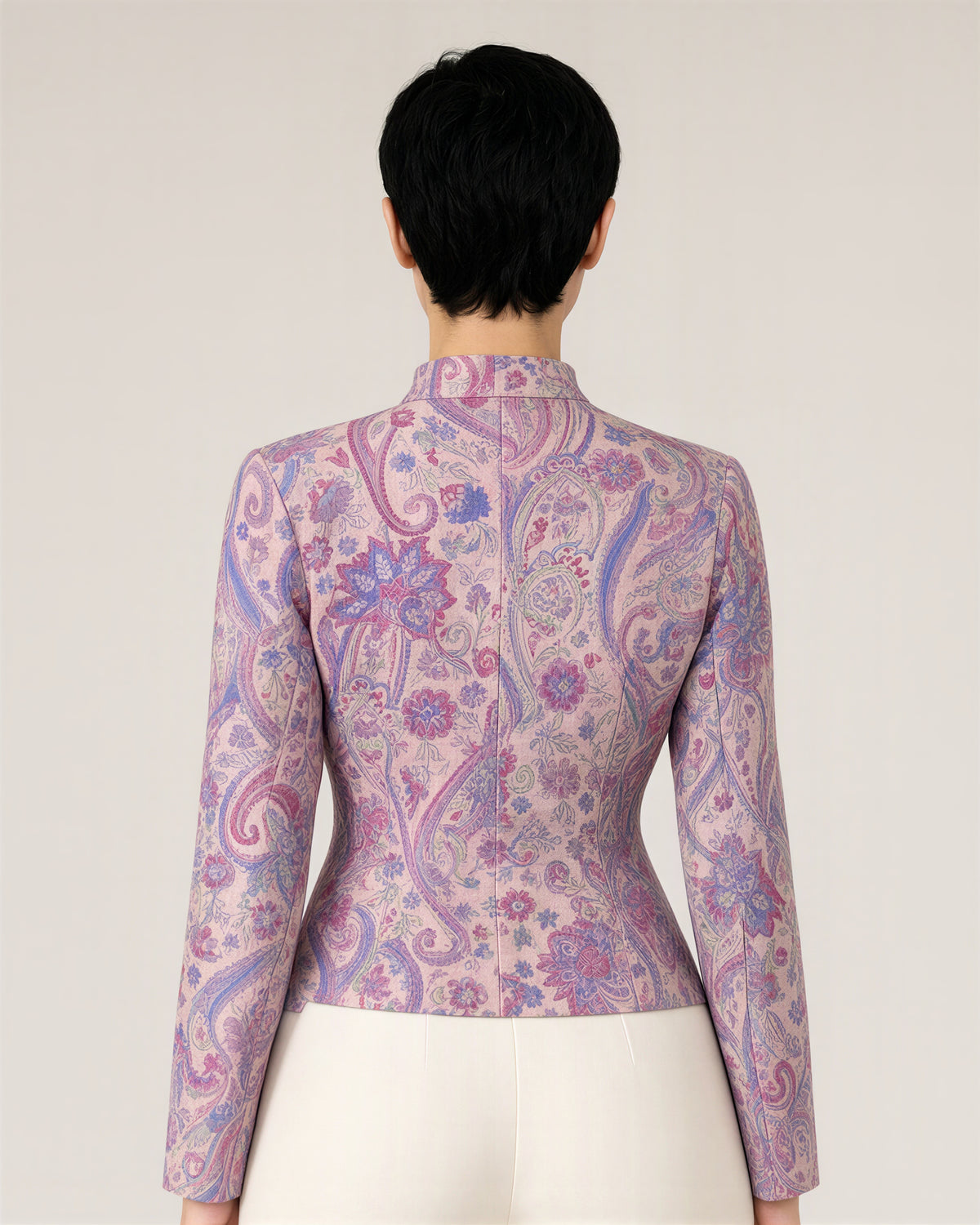 Rosetta şal desenli hakim yaka blazer, pudra pembe, arkadan görünüm
