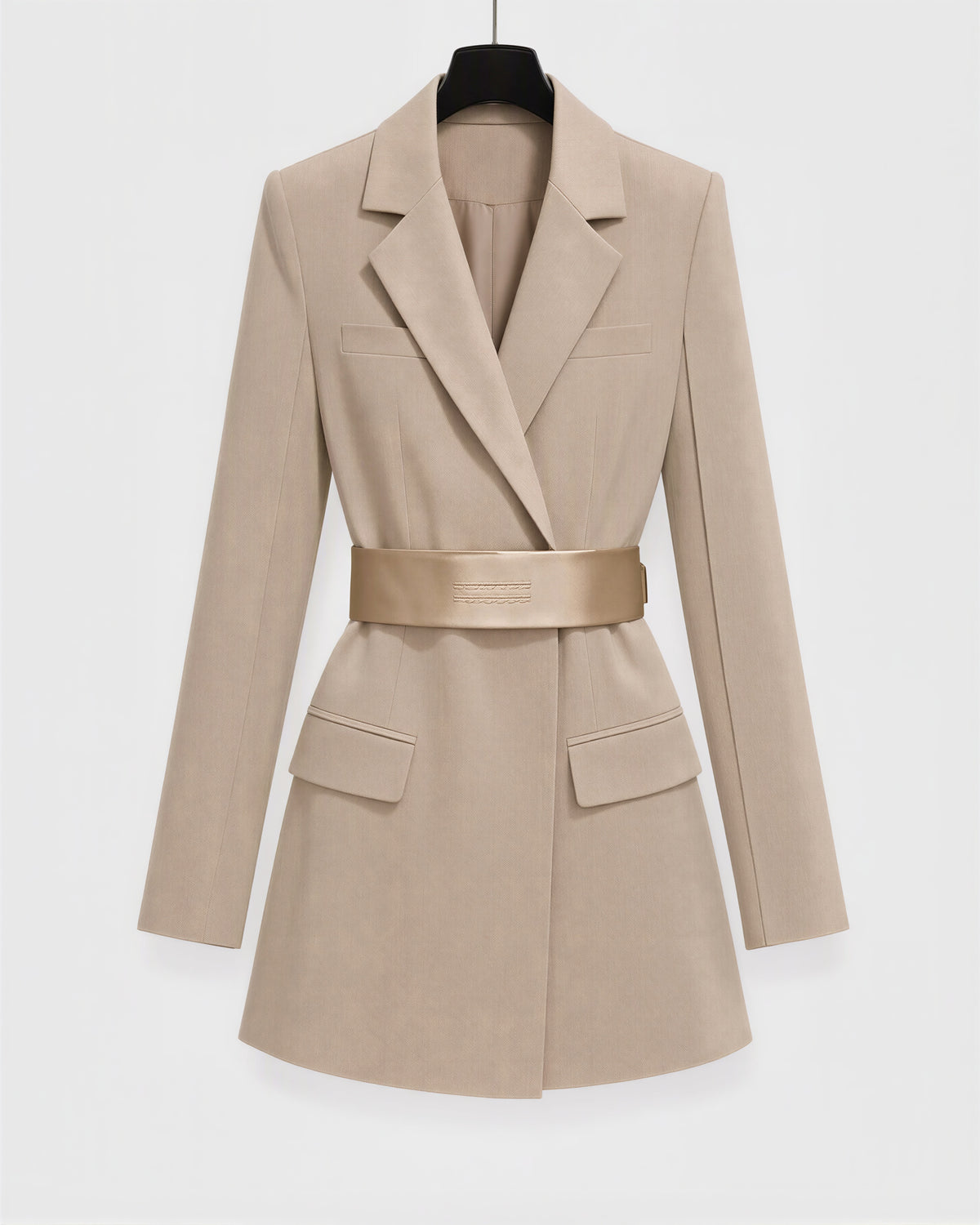 Serena saten kuşaklı blazer mini elbise, taş bej, mankensiz ürün görünümü