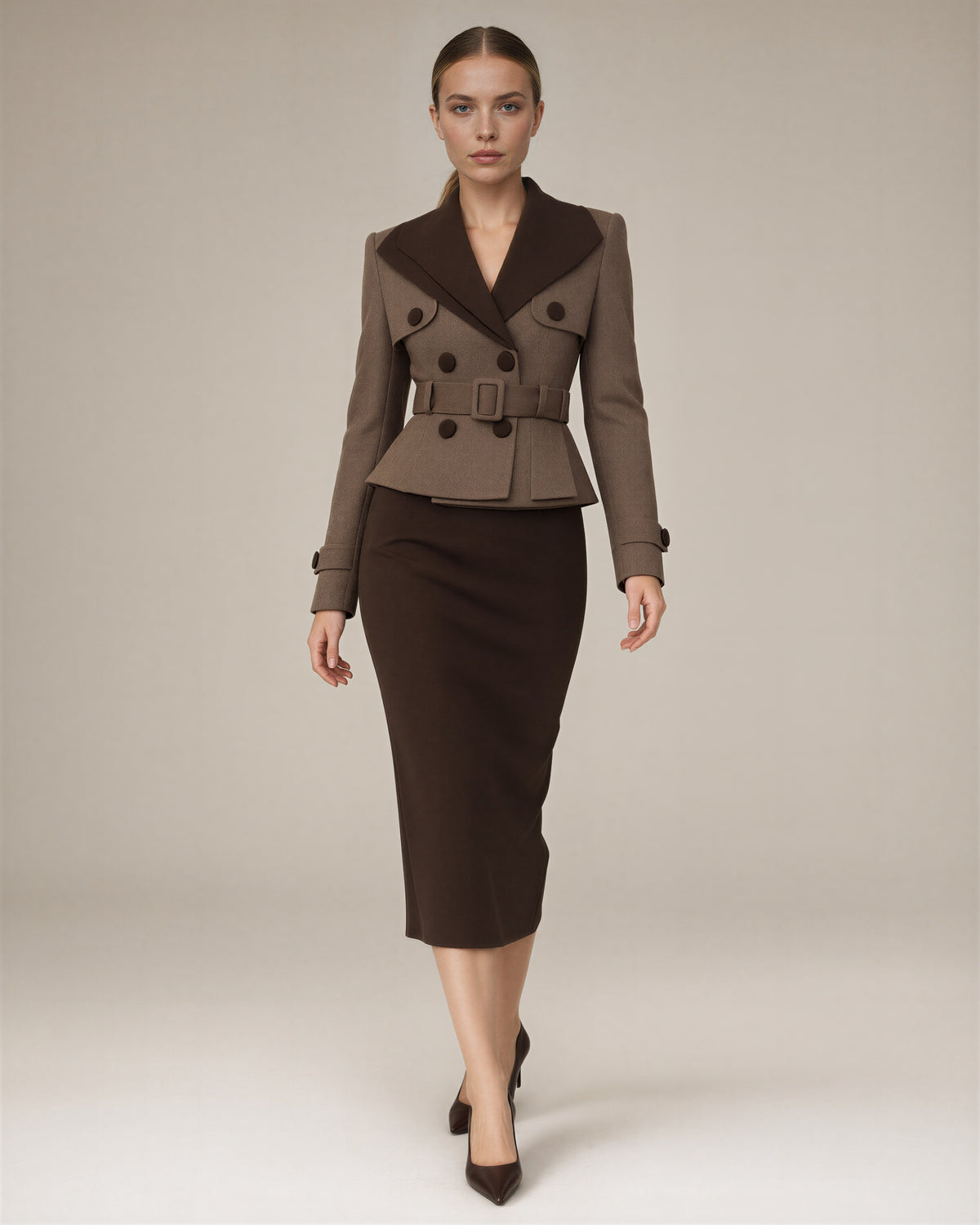 Teresa kemerli peplum blazer midi kalem elbise, vizon koyu kahve, yürürken boydan görünüm