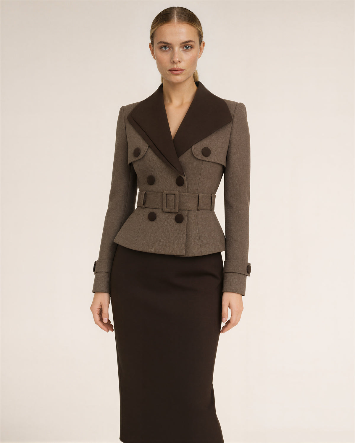 Teresa kemerli peplum blazer midi kalem elbise, vizon koyu kahve, önden görünüm