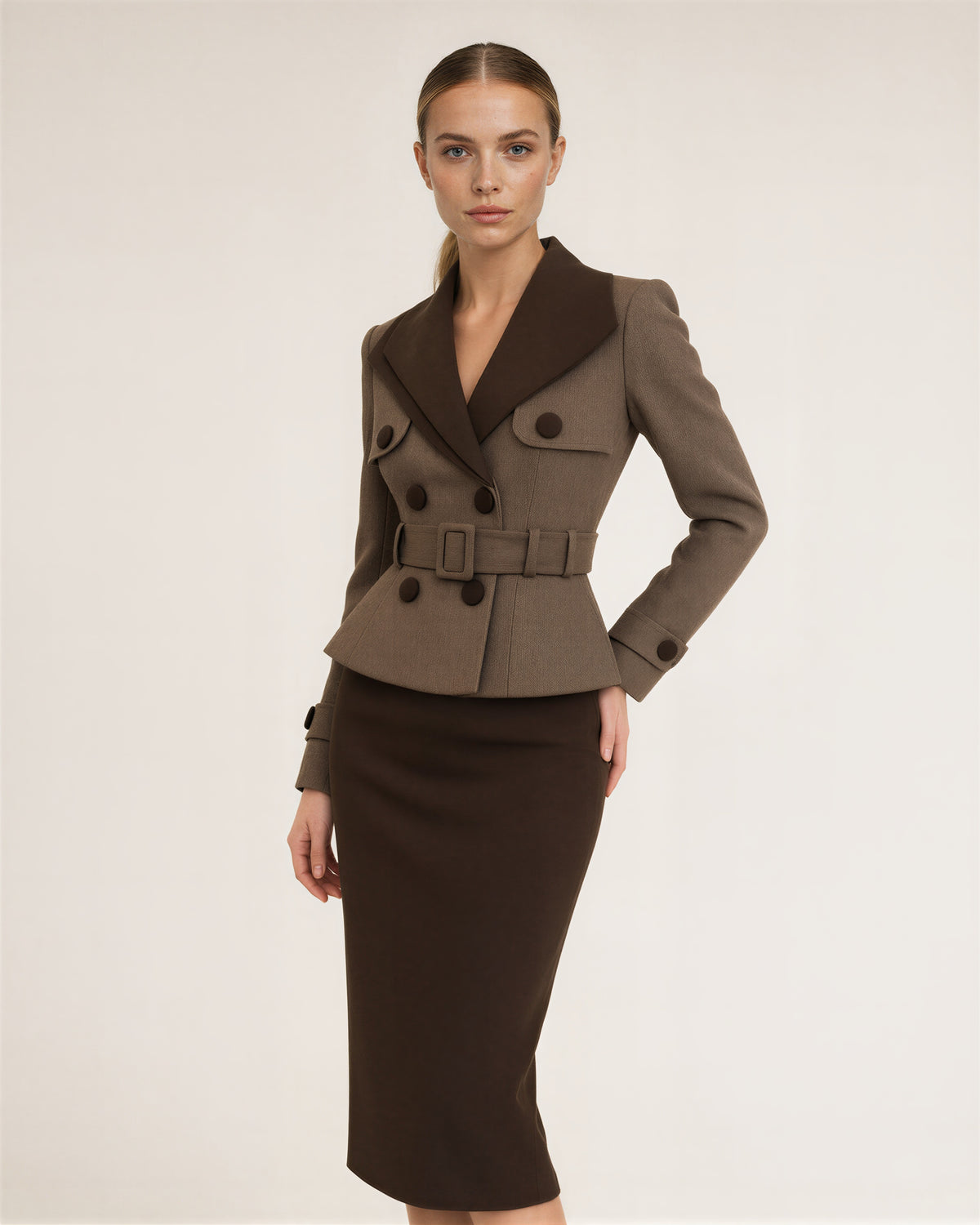 Teresa kemerli peplum blazer midi kalem elbise, vizon koyu kahve, önden, eller belde