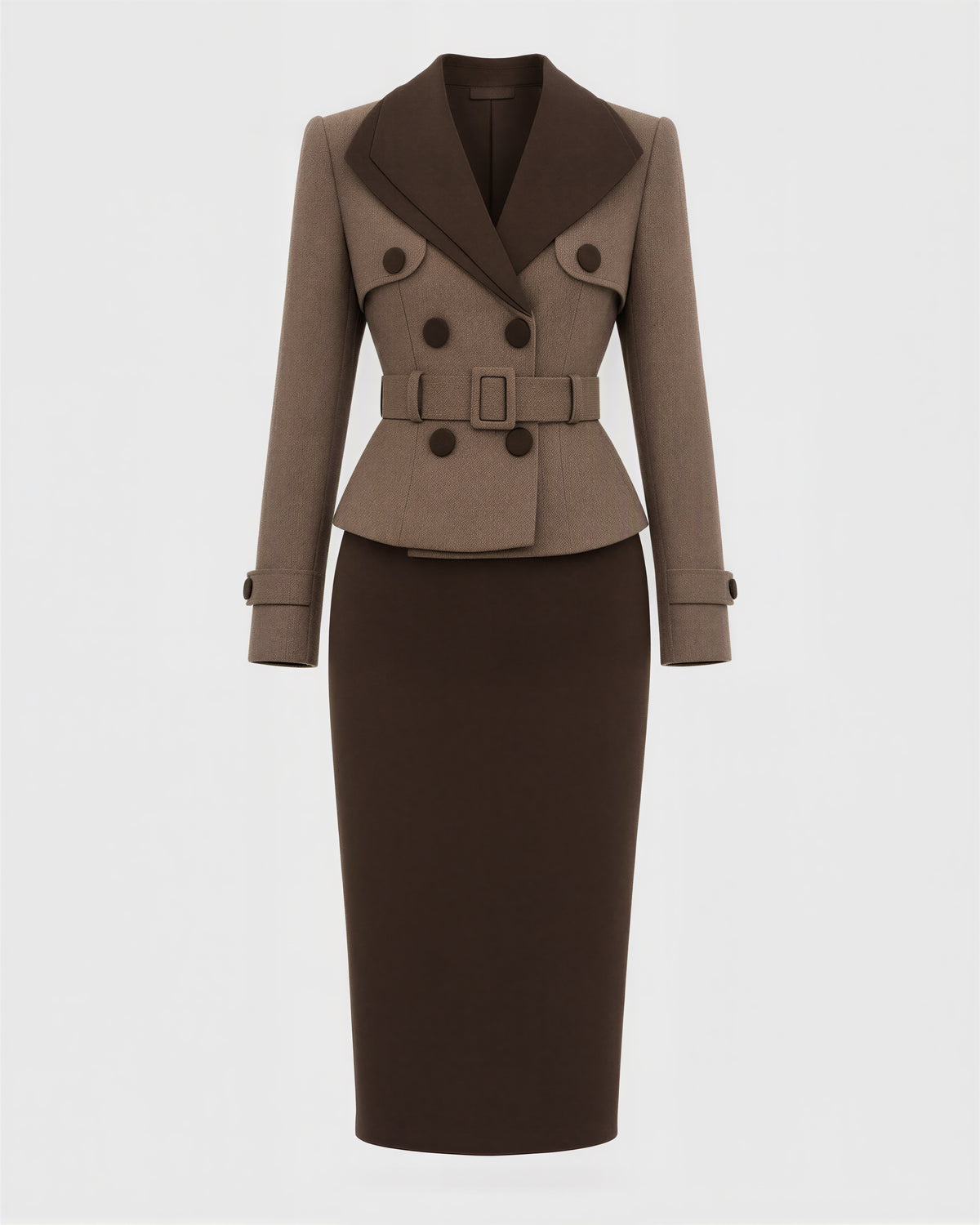 Teresa kemerli peplum blazer midi kalem elbise, vizon koyu kahve, mankensiz ürün görünümü
