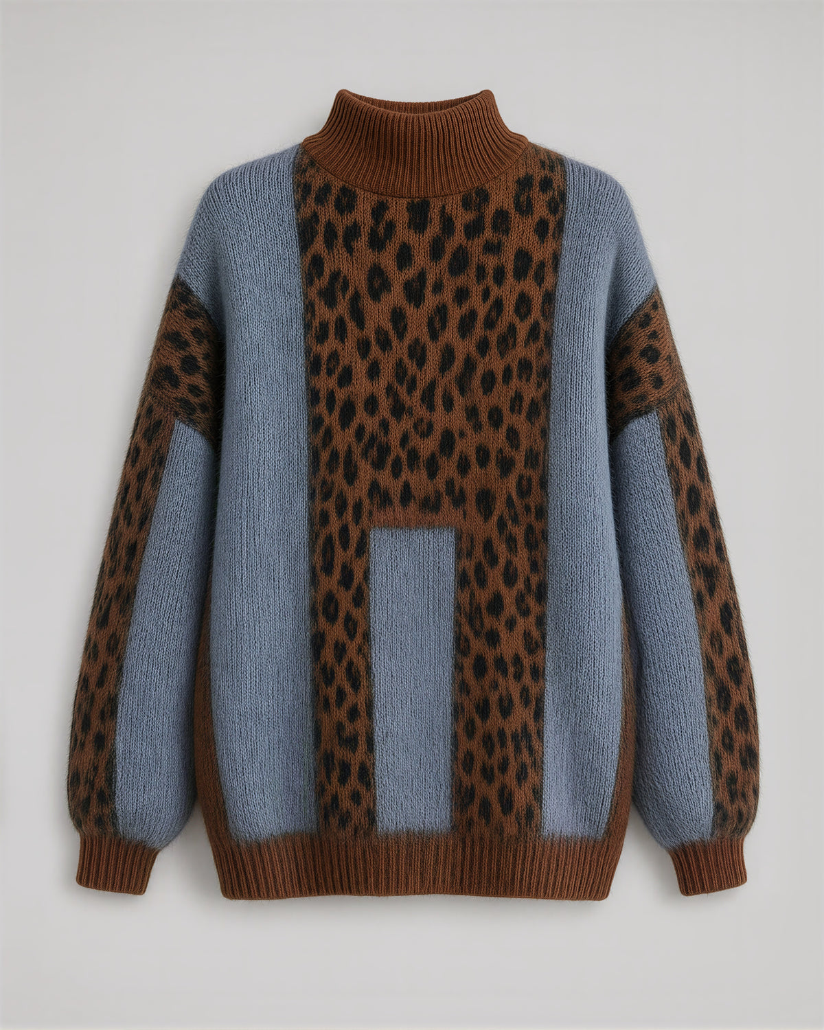 Zelinda leopar desenli balıkçı yaka oversize kazak, kahve leopar, mankensiz ürün görünümü